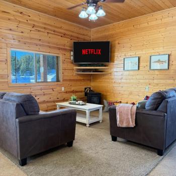 Picture a warm, open-concept living room with a cabin vibe—wood tones, soft textures, and a layout that encourages conversation and connection.