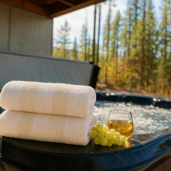 A hot tub is located outside, towels are provided.