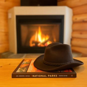 Relax while reading a book about Yellowstone National Park in front of the fireplace