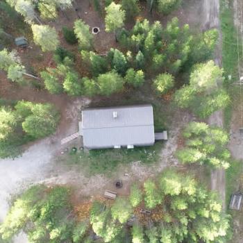 Arial view of the cabin and surrounding area. The cabin is surrounded in pine trees.