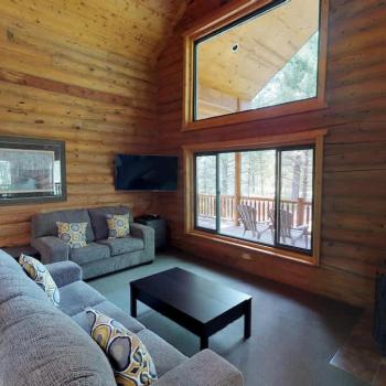 Main level living area with seating, TV, and fireplace.