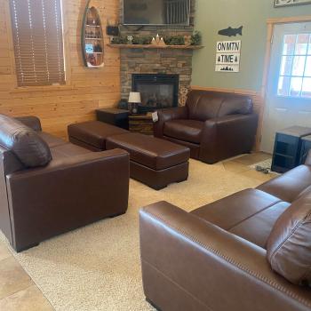 Relaxing leather furniture in great room.