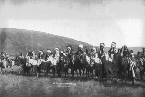 Nez Perce men on horseback, photographed in 1906