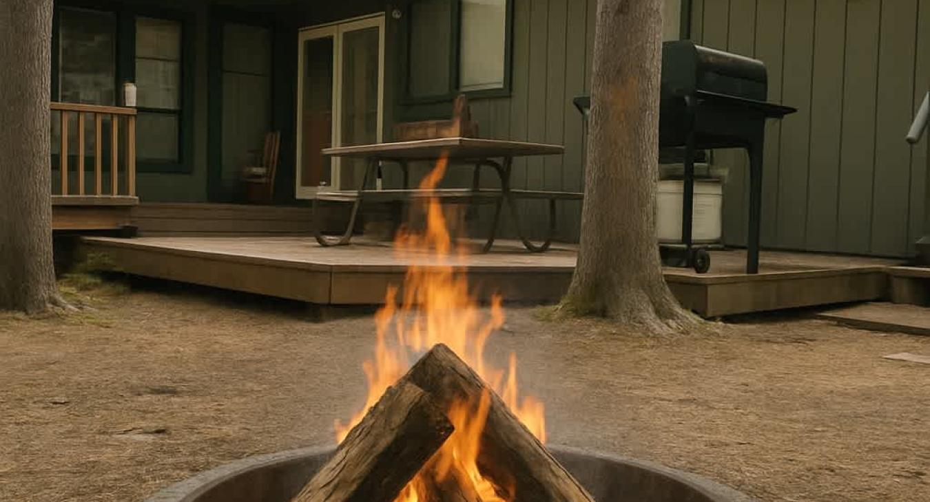 Island park cabin rental with fire pit outside