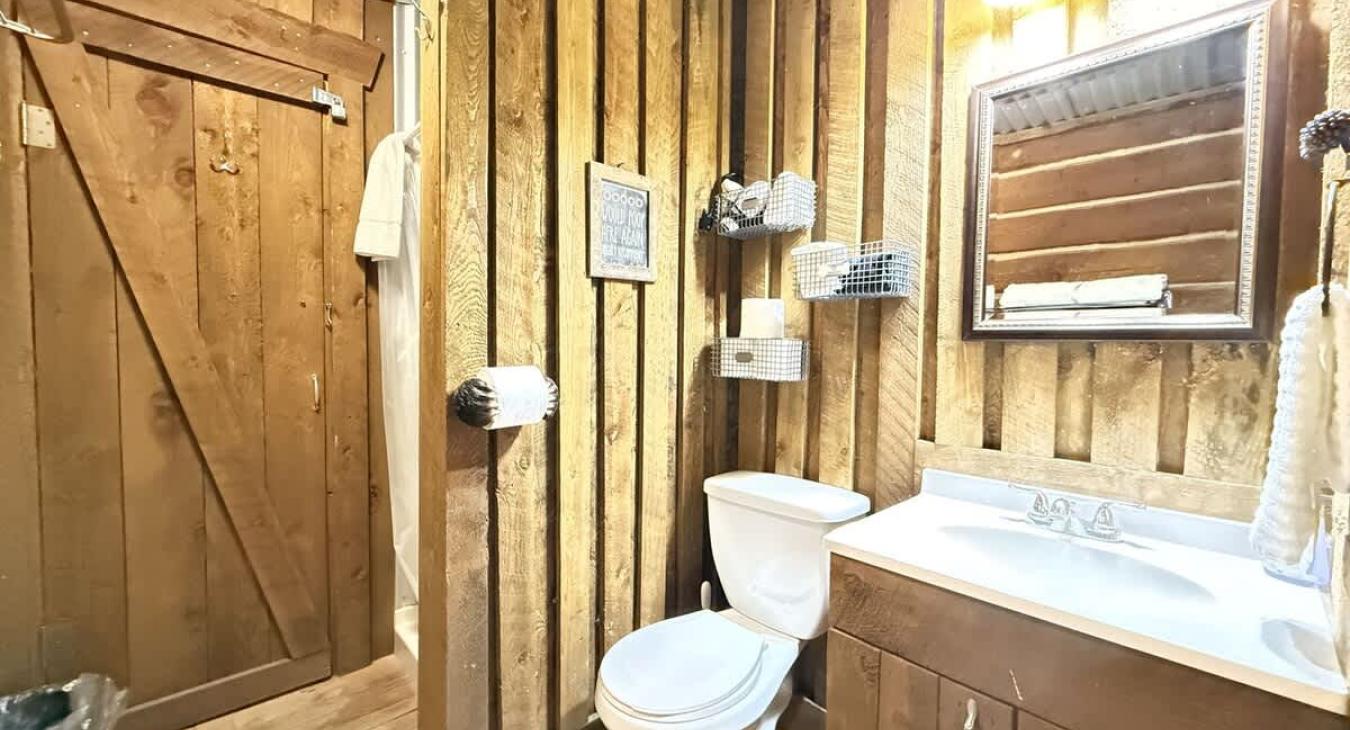 Bathroom equipped with towels, toilet, sink, and shower.