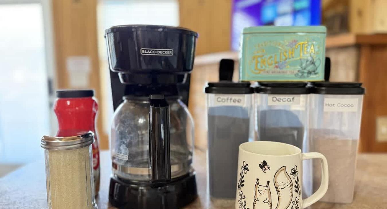 Complementary coffee, tea and cocoa provided in the kitchen.