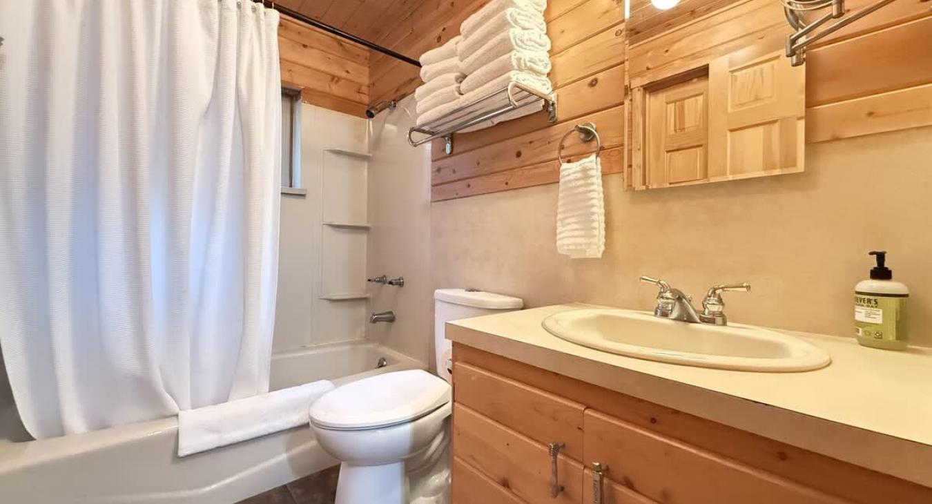 Full bathroom on the main level with shower/tub, toilet, and sink vanity.