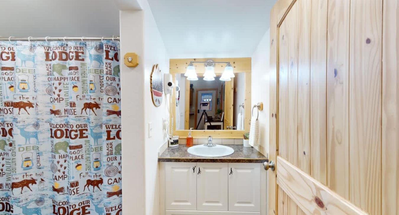 The bathroom has a sink vanity, shower tub combo, and a toilet.