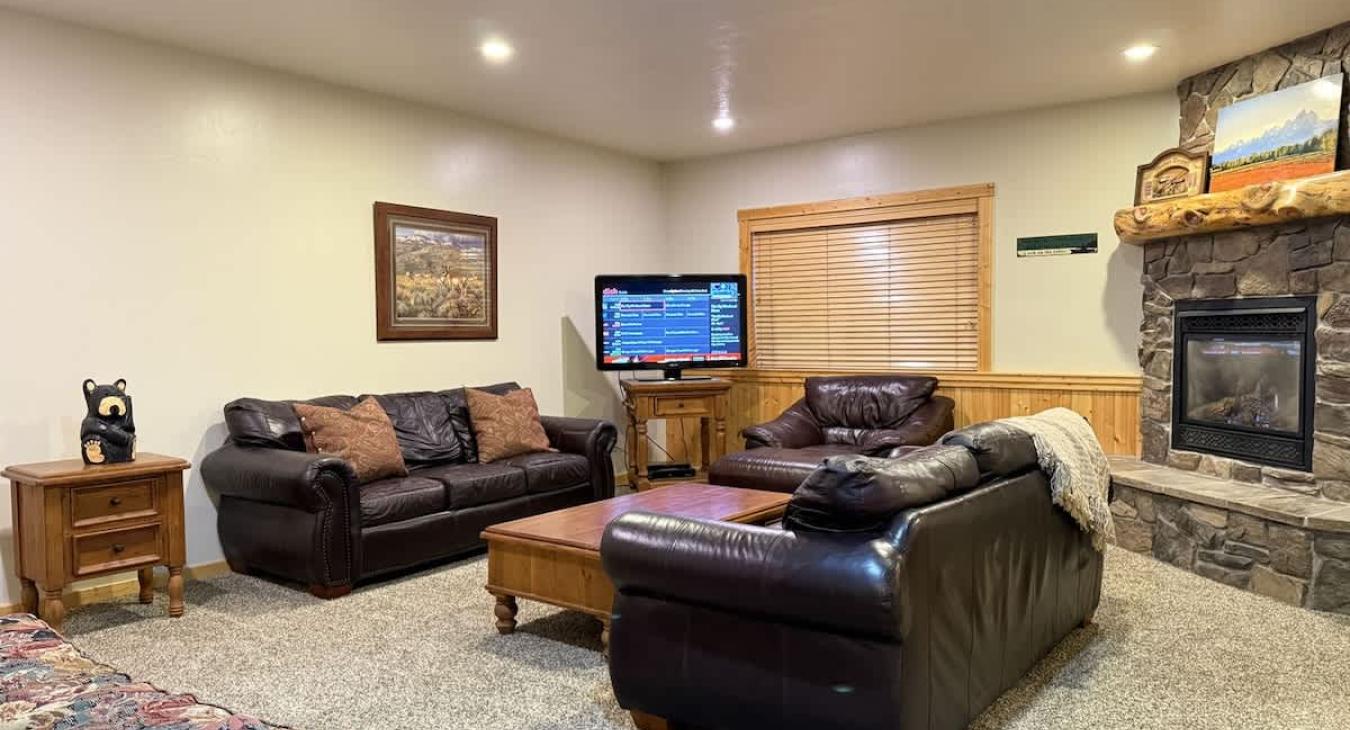 Basement living room with fireplace, seating, and television.