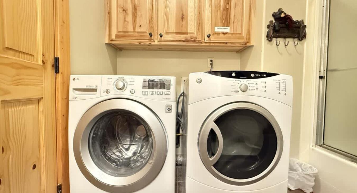 Full size washer and dryer located in the basement bathroom. Laundry soap is provided for your use.