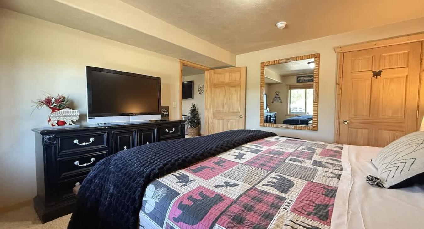 Dresser and closet are included in this room to store your belongings.