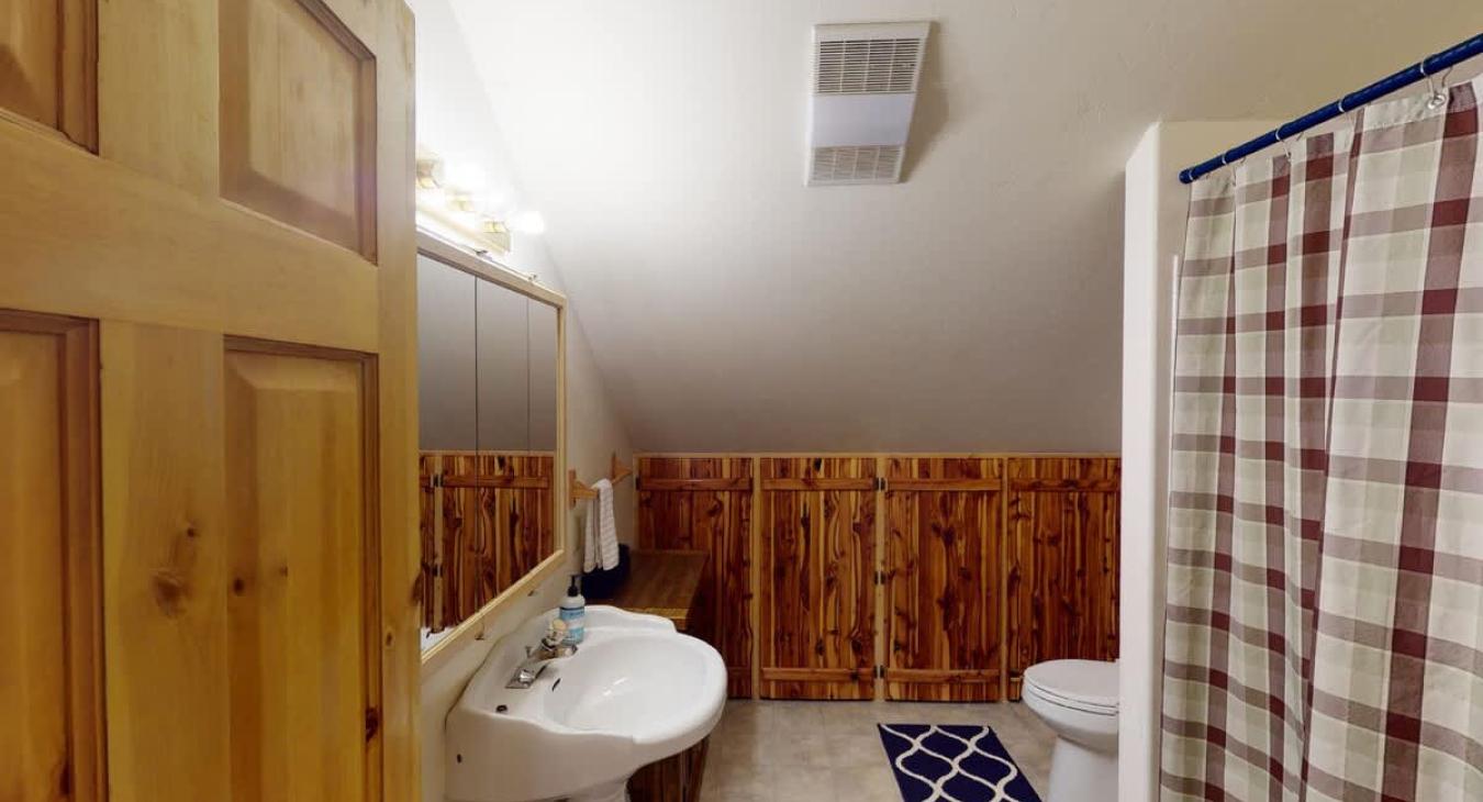 Upstairs bathroom with shower, toilet, and sink.