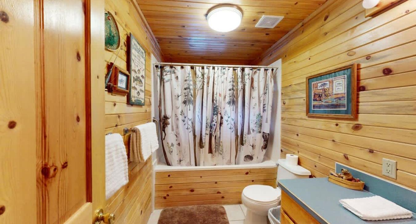 Main level bathroom with shower/tub, toilet, and sink.