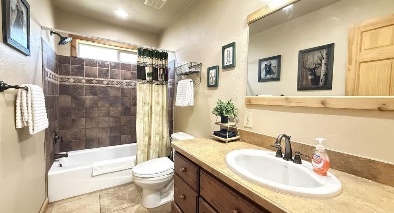 Main level bathroom with shower tub combo, toilet, and sink vanity. Bathroom is equipped with clean towels, toilet paper, shampoo, conditioner, and body wash.