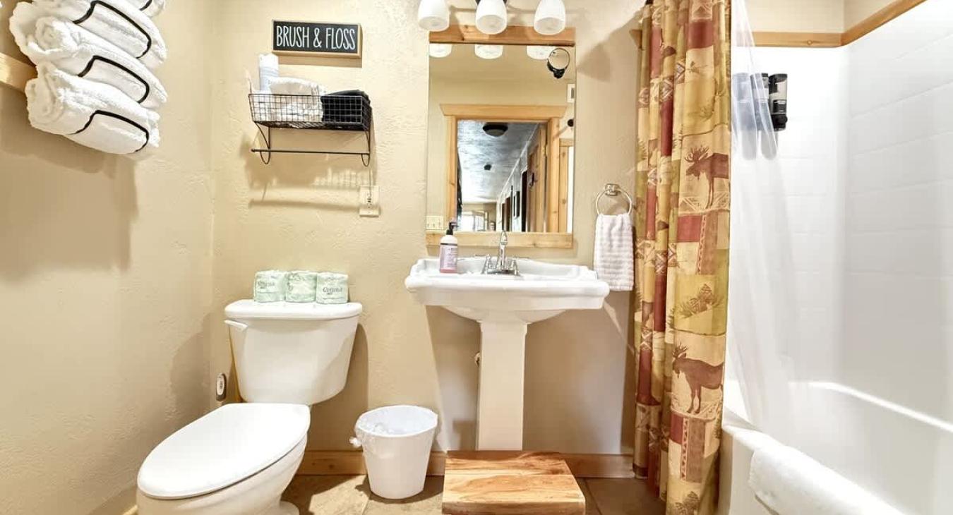 Downstairs bathroom with shower tub combo, toilet, and sink. Towels, shampoo, conditioner, and body wash are provided.