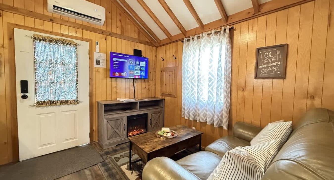 Although this place is small there is still room to cozy up on the couch and watch a movie.