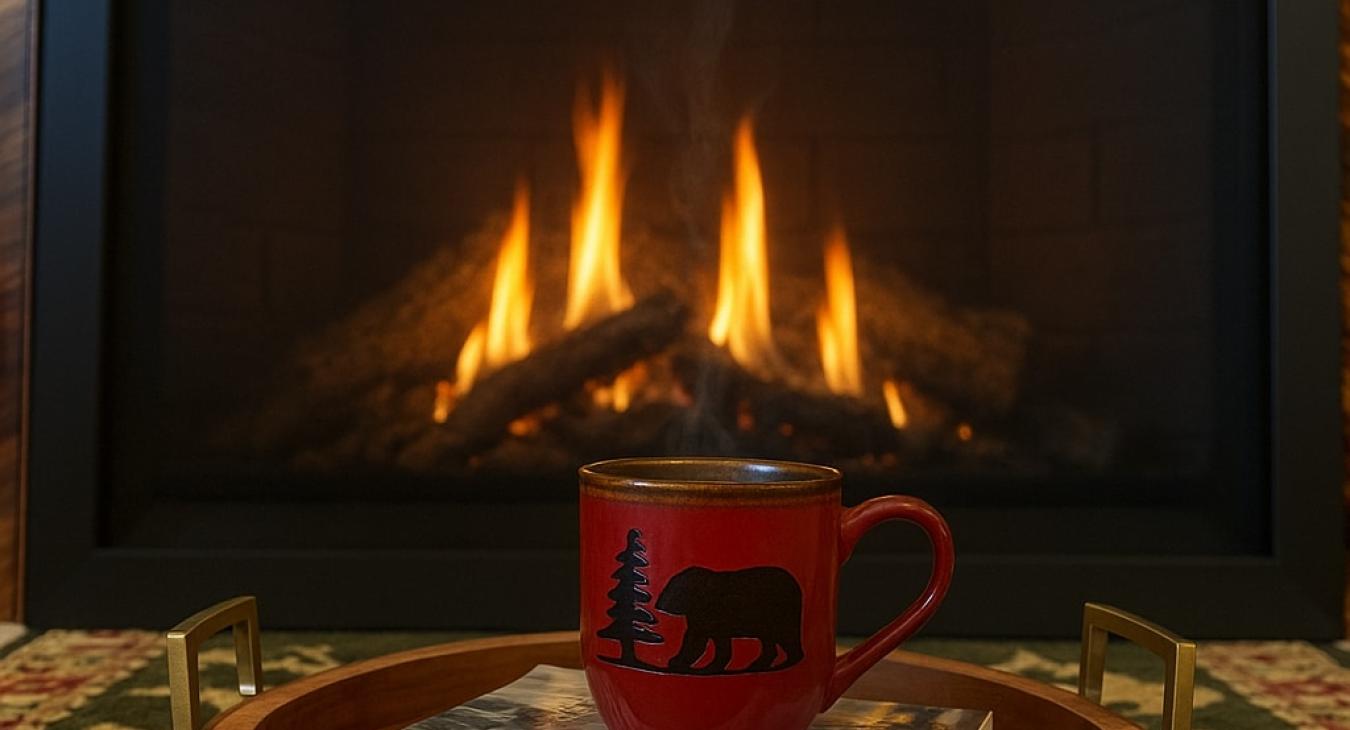 Relax by the fireplace with a good book and a hot cup of coffee