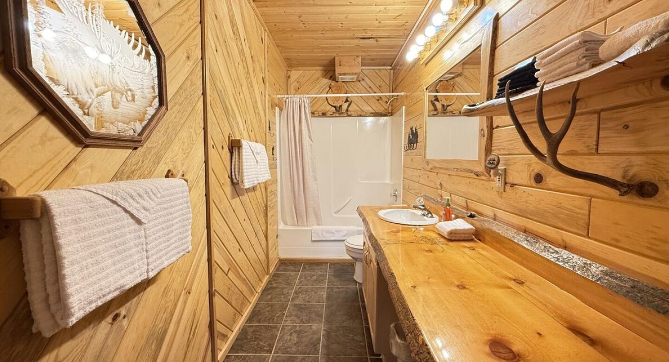 Upstairs bathroom with shower tub combo, toilet, and sink vanity.