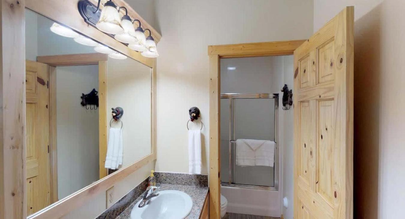Bathroom #2 in the basement with shower tub combo, toilet, and sink vanity.