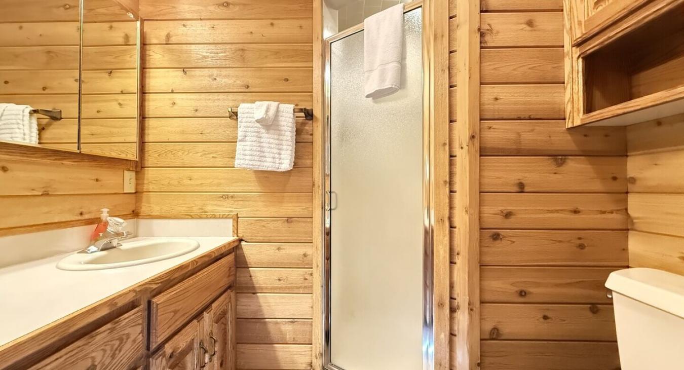 Ensuite bathroom with steam shower, sink, toilet, and storage.