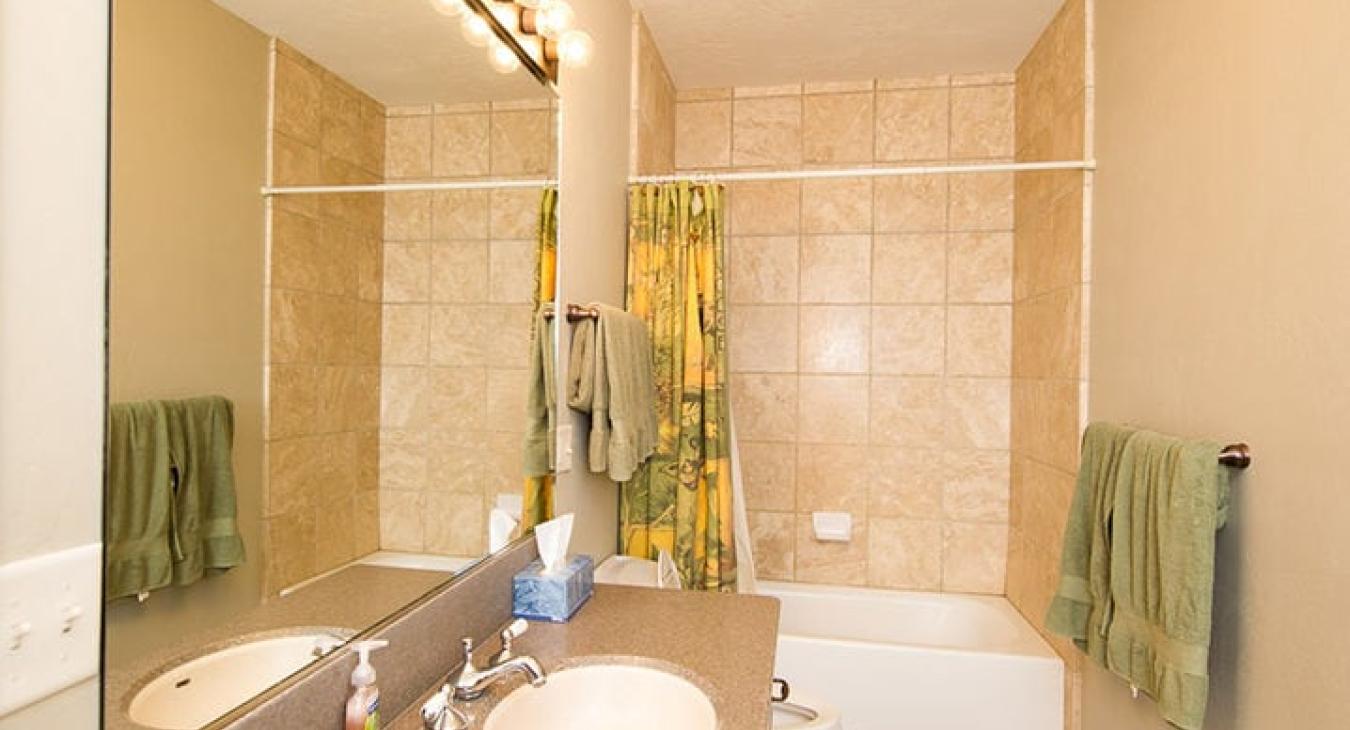 Downstairs shared bathroom with shower tub combo, toilet, and sink vanity.