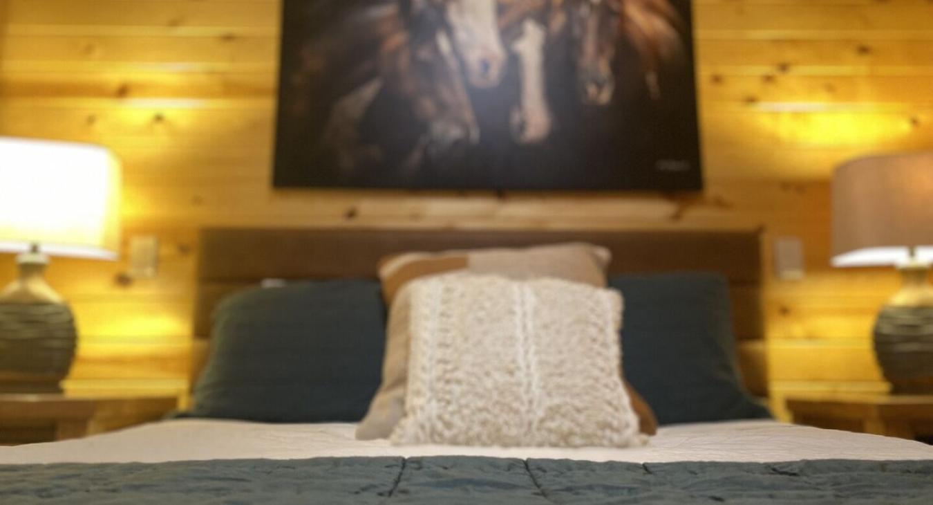 The second bedroom mirrors the first, with its own unique charm but a similar rustic atmosphere with a Queen size bed.