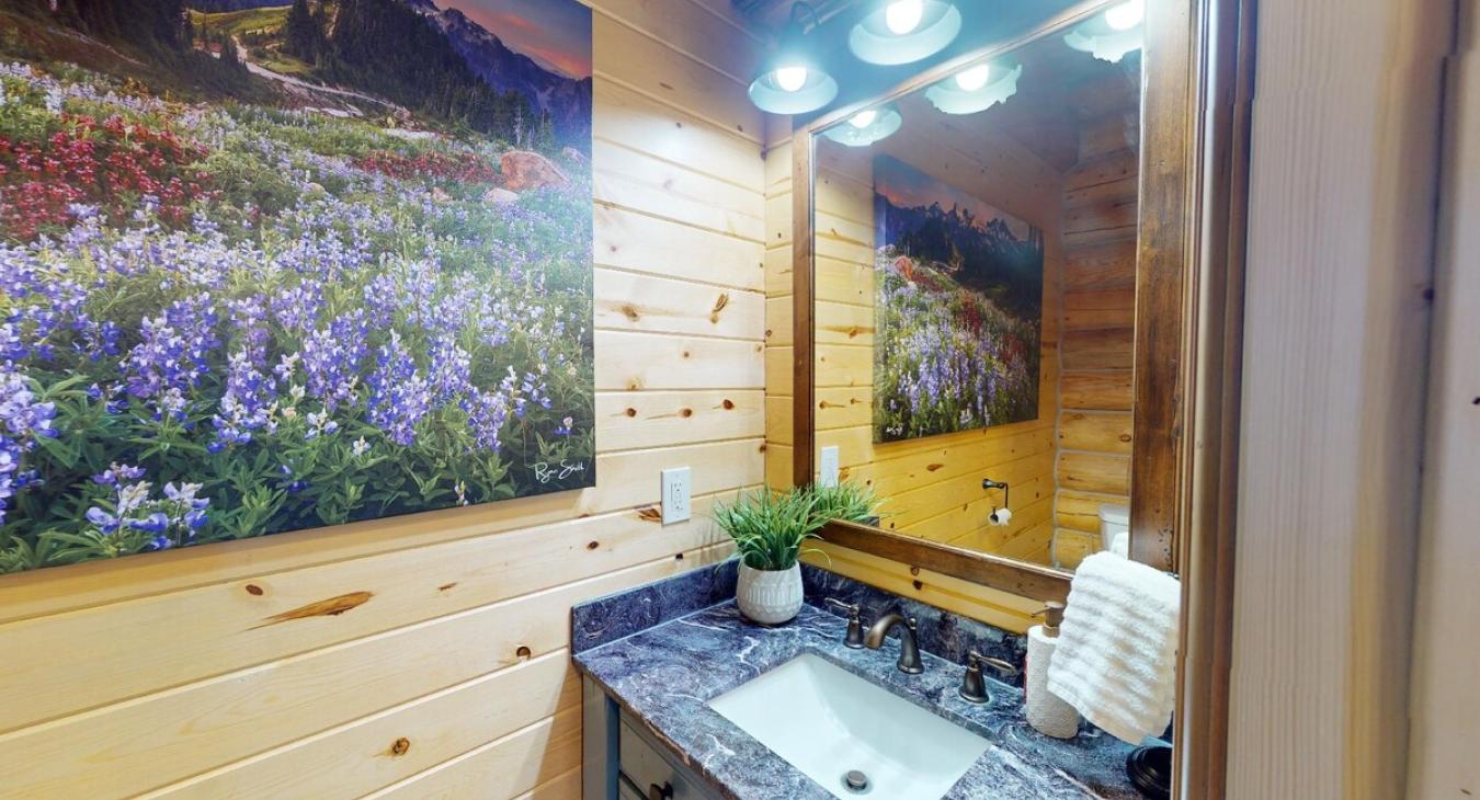 Above the vanity hangs a wood-framed mirror. The entire half bathroom feels functional yet charming, with natural materials and a minimalist design that make it feel connected to the cabin's warm, earthy surroundings.