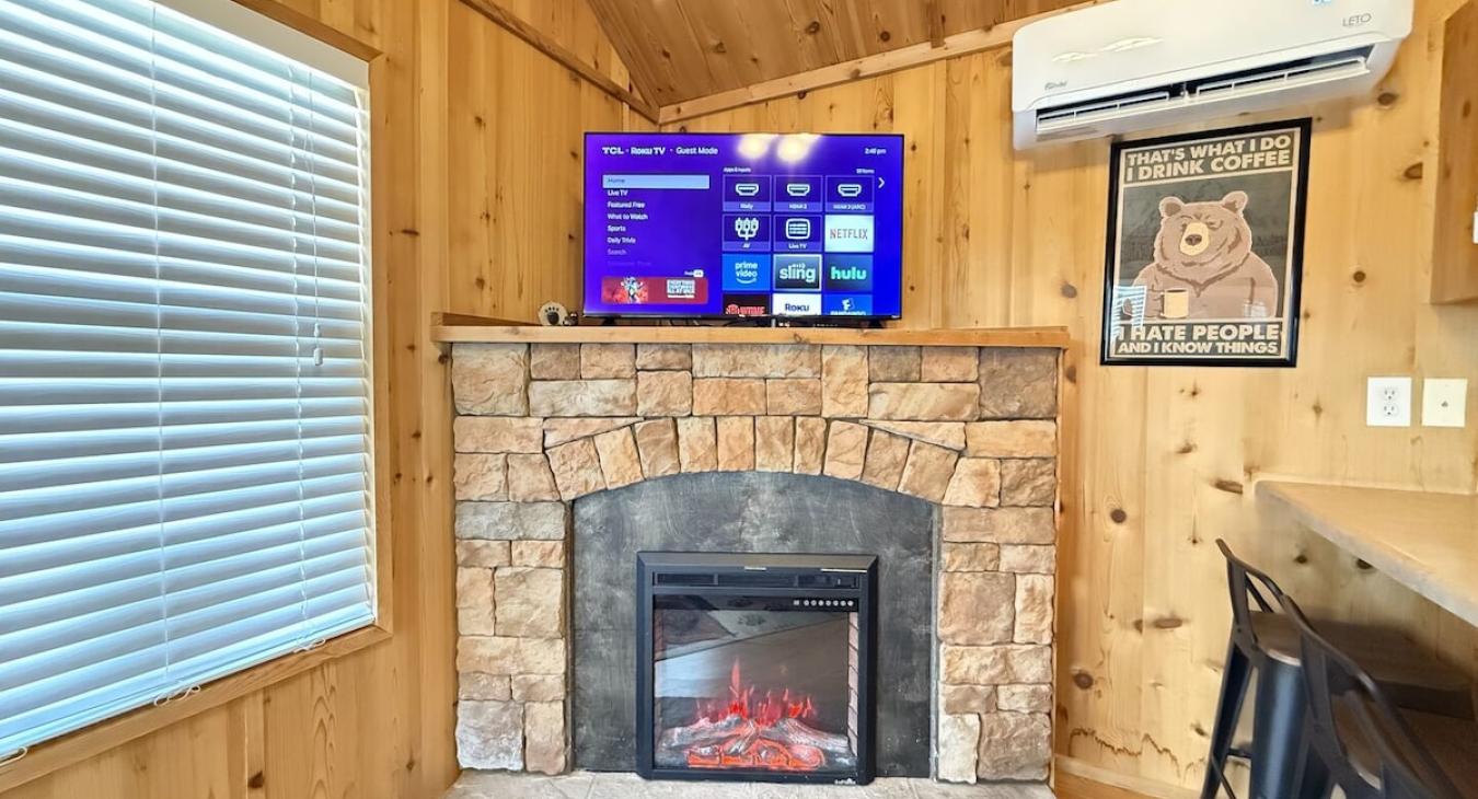 Television and fireplace in the living room.