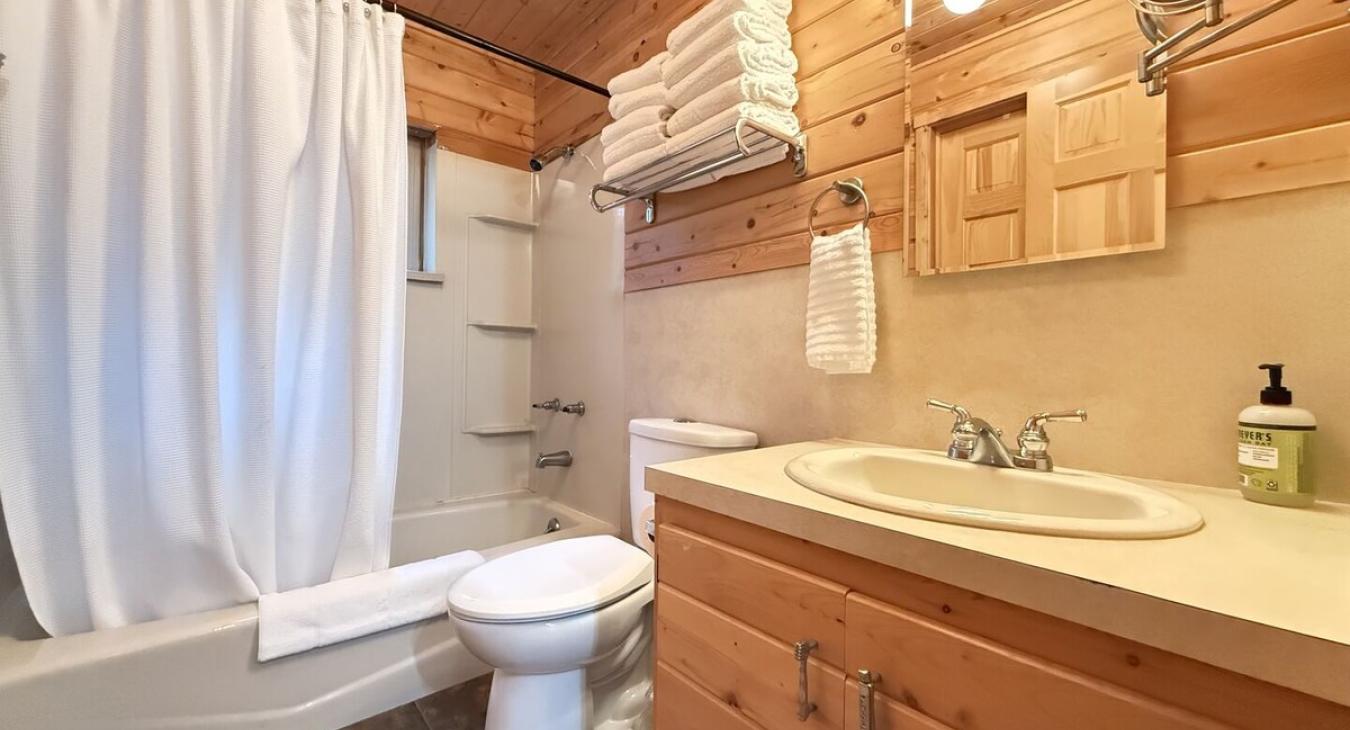 Full bathroom on the main level with shower/tub, toilet, and sink vanity.