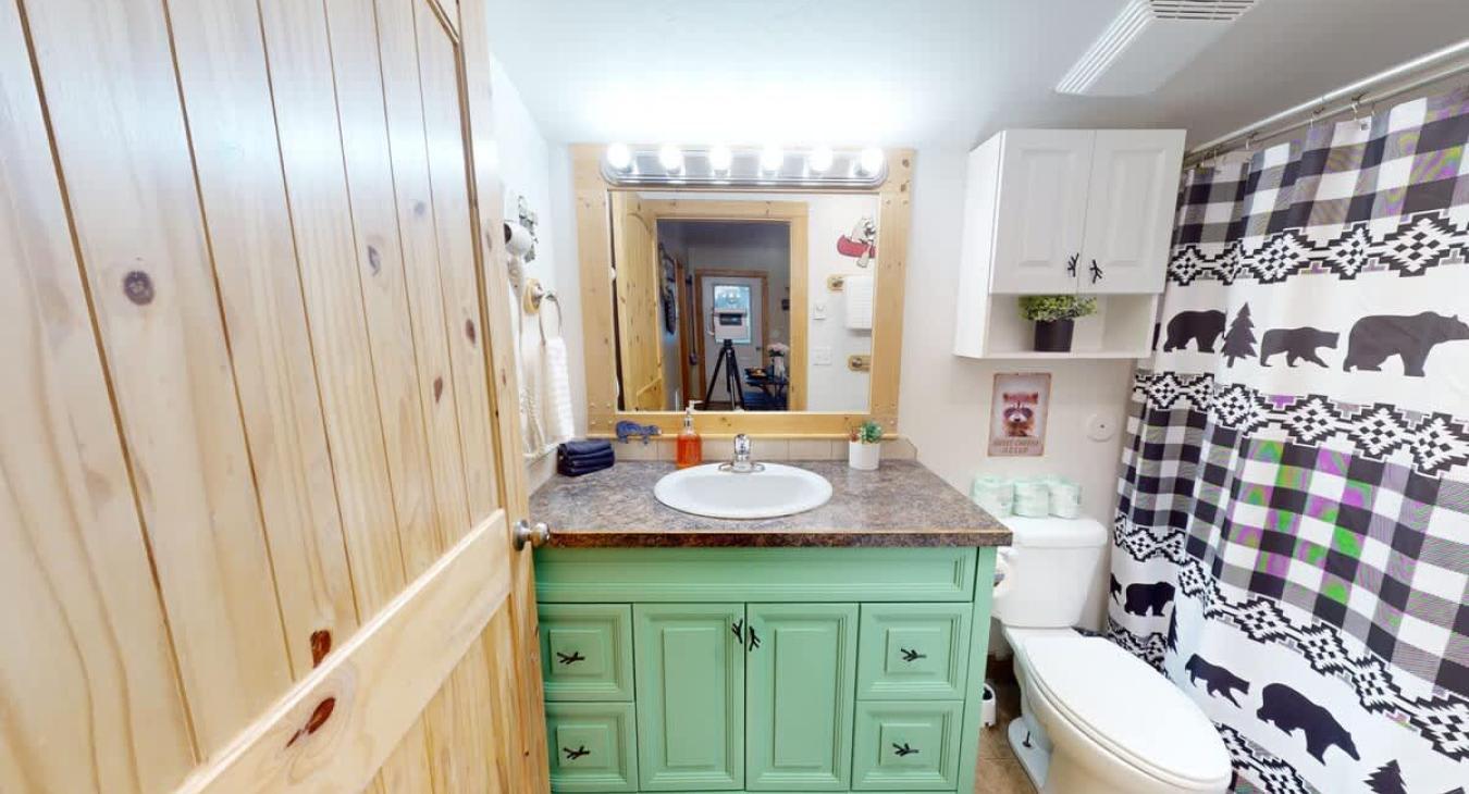 Shared bathroom with a sink vanity, standing shower combo, and a toilet.