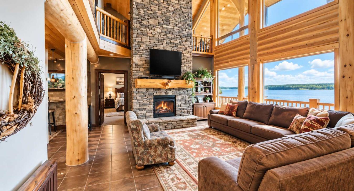 Living room is equipped with a beautiful fireplace, tv for entertainment, and plenty of seating for everyone.