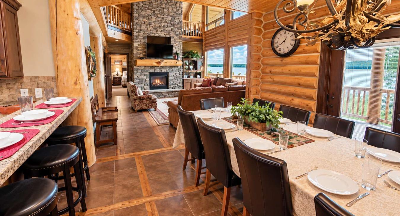 Seating is available at the dining table and the kitchen island for everyone to enjoy their meals.