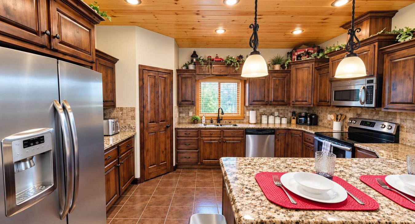 Beautiful kitchen equipped with stainless steel appliances, pots and pans, dishes, silverware, and basic cooking essentials.