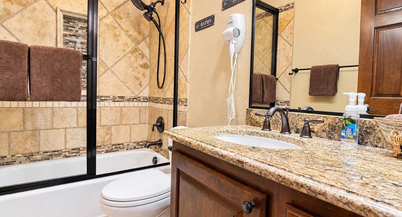 2nd bathroom downstairs with shower/tub combo, toilet, and sink vanity.