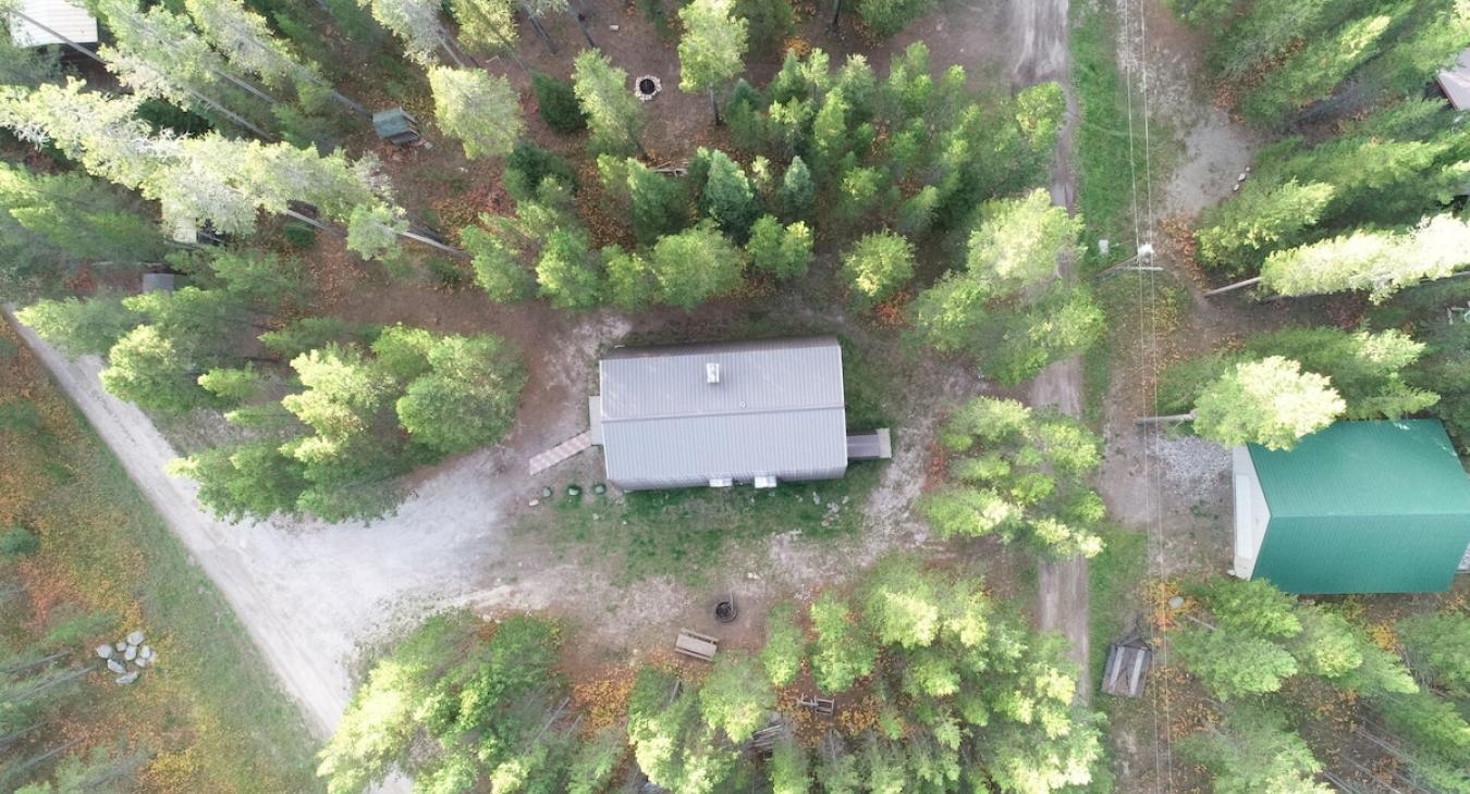 Arial view of the cabin and surrounding area. The cabin is surrounded in pine trees.