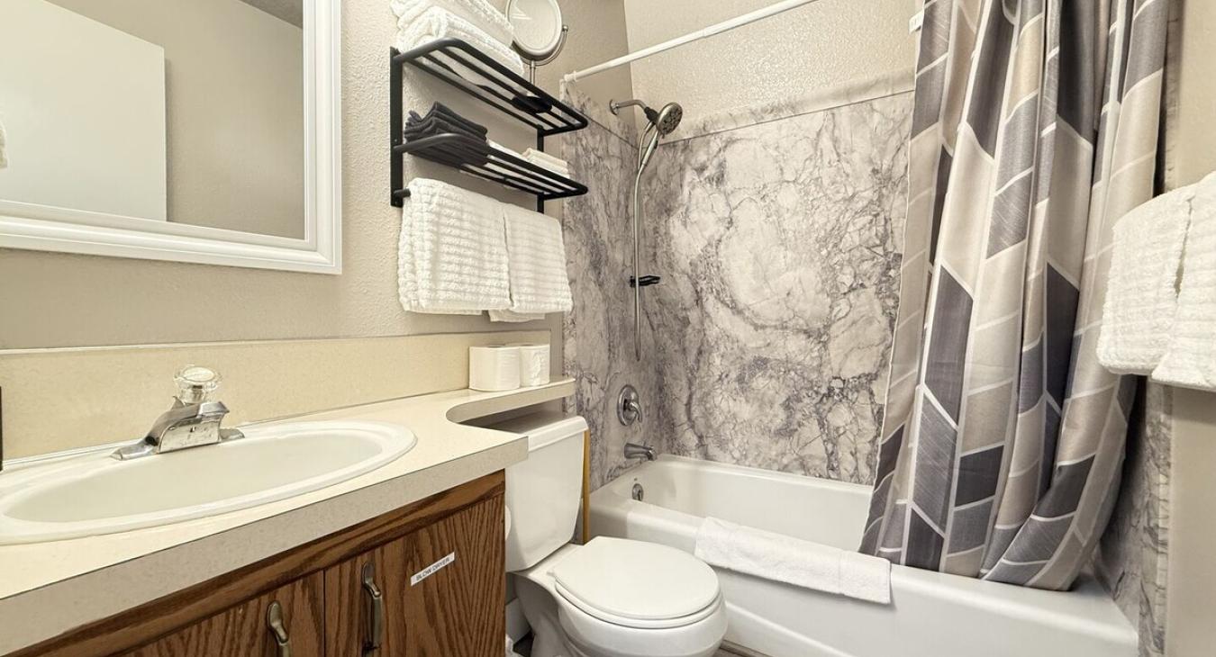 Full common bathroom. Tub and shower combo with shampoo, conditioner, and body wash provided. Toilet and sink vanity with storage underneath.