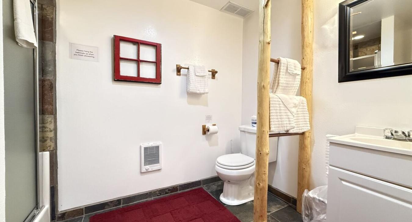 3/4 bathroom with standing shower, toilet, and sink.
