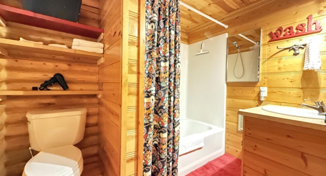 Full bathroom with tub shower combo, toilet, and sink.