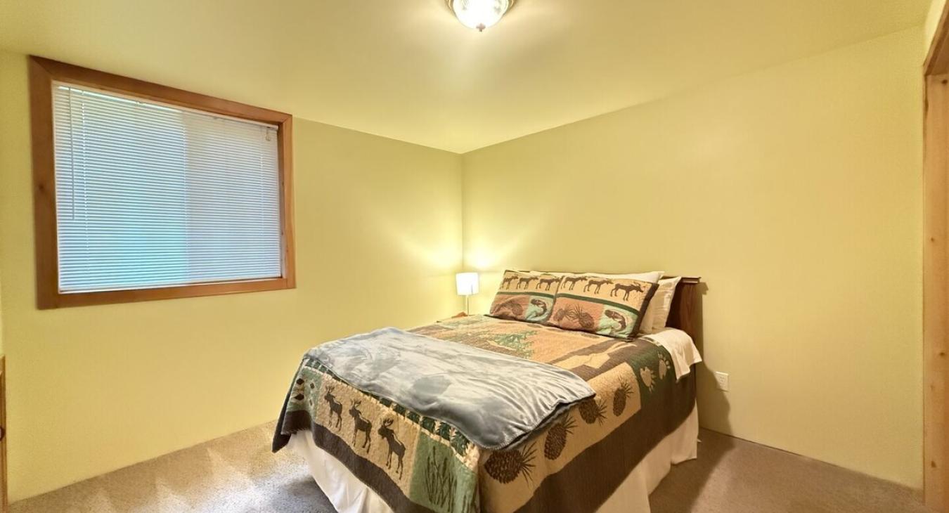 Bedroom located in the basement with a queen size bed and closet.