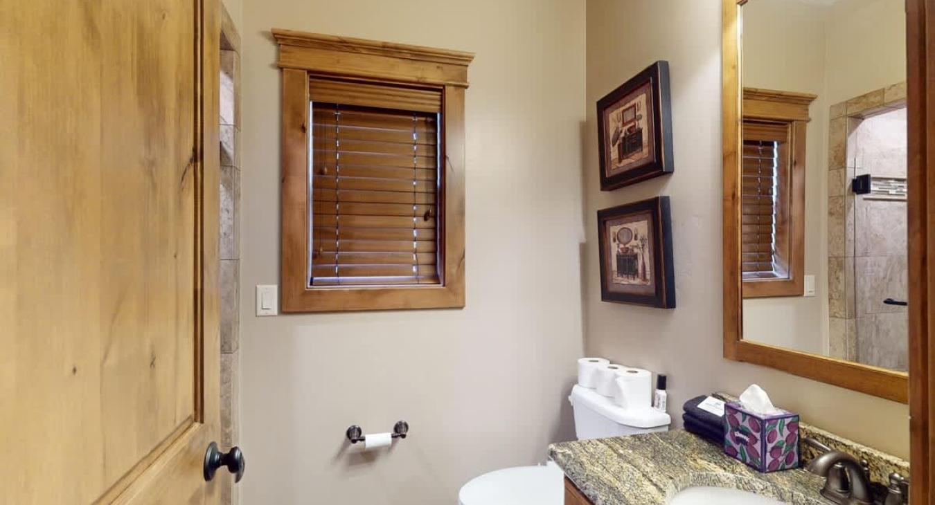Main level shared bathroom with walk in shower, toilet, and sink vanity.