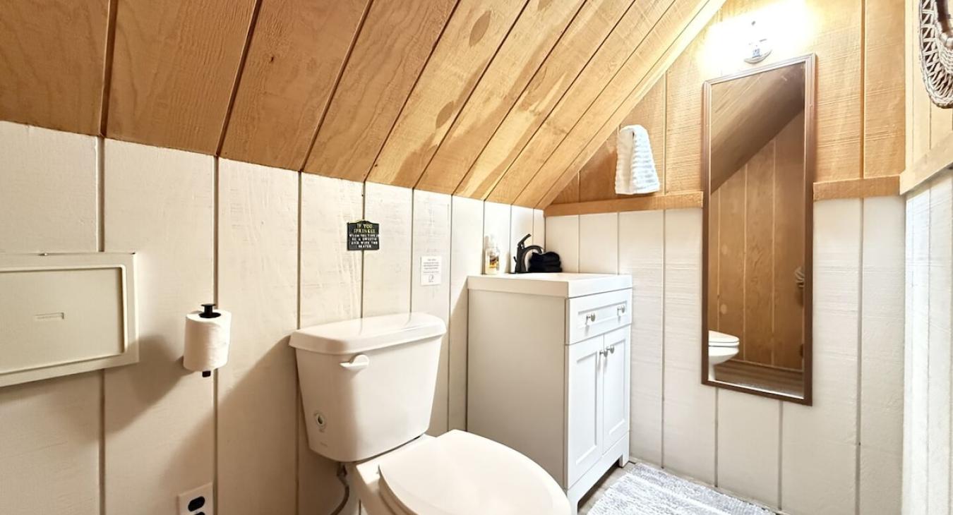 Upstairs bathroom with shower, toilet, and sink vanity.