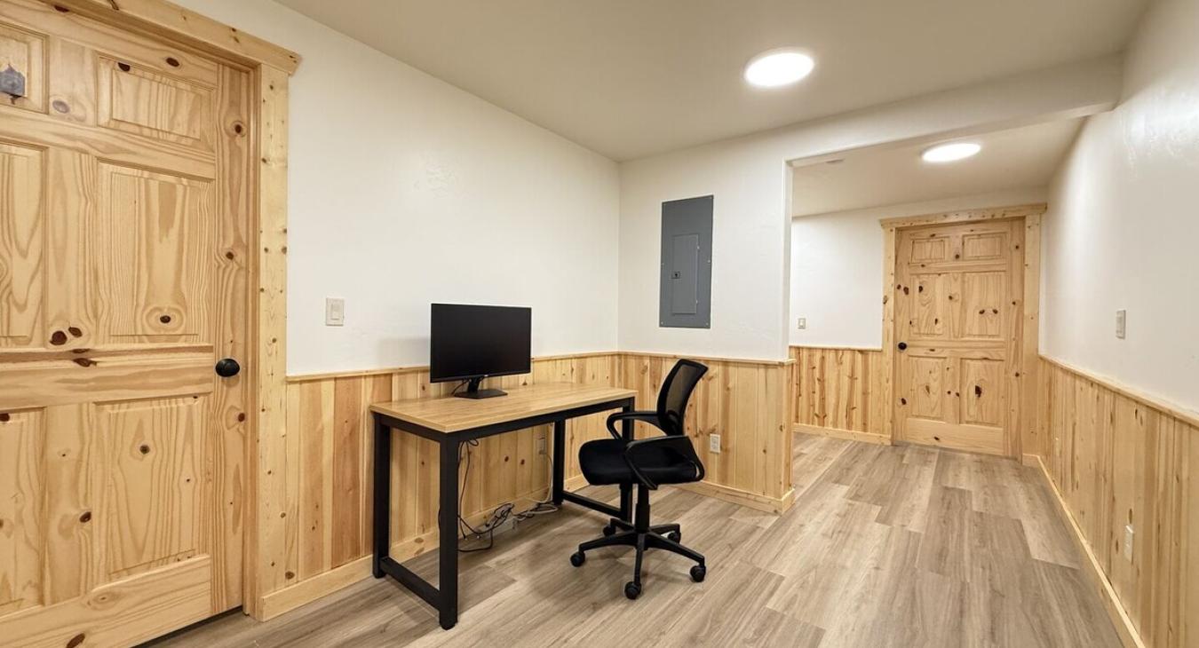 Desk area in the basement of the cabin.