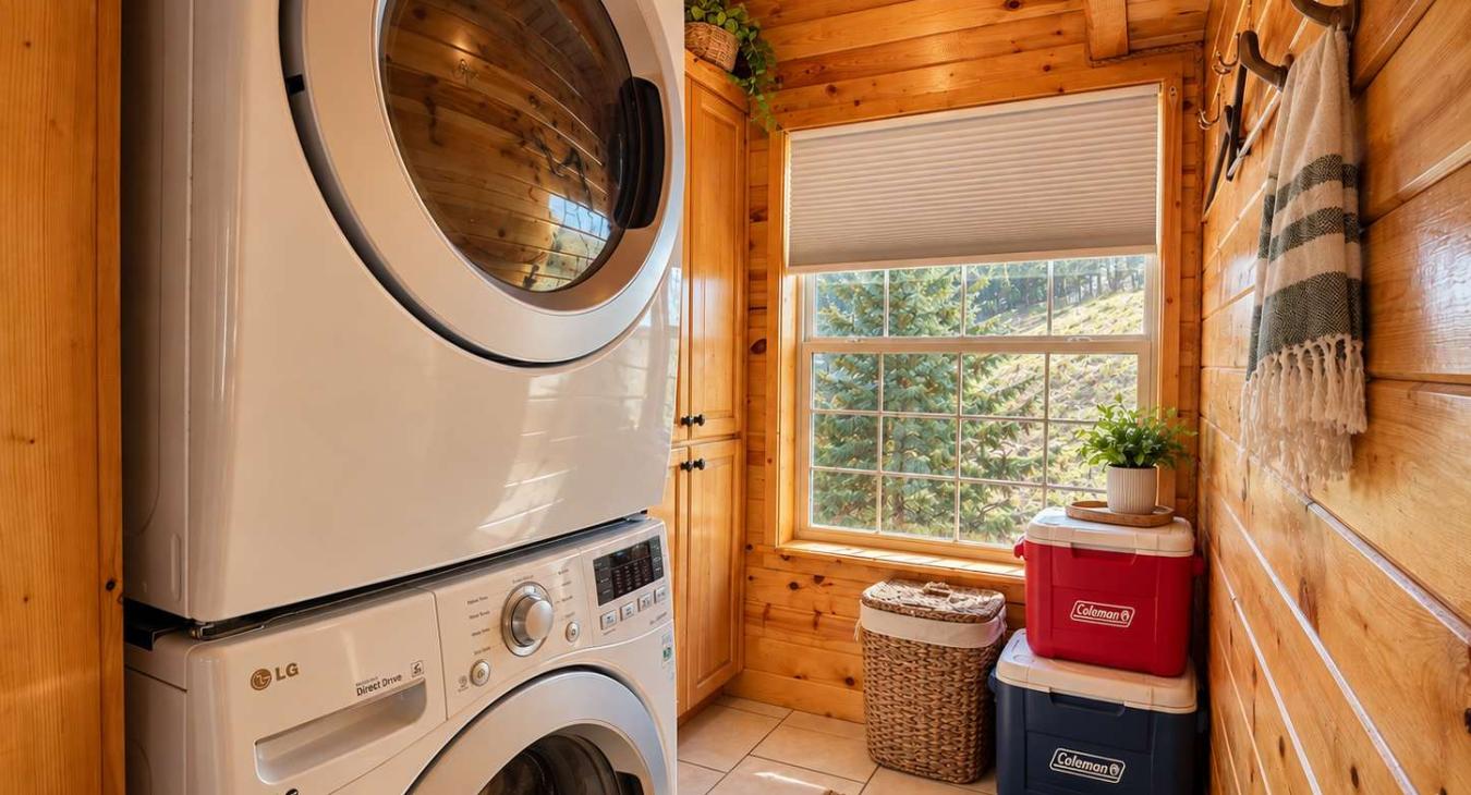 Laundry room with front load washer and dryer. Laundry soap provided.