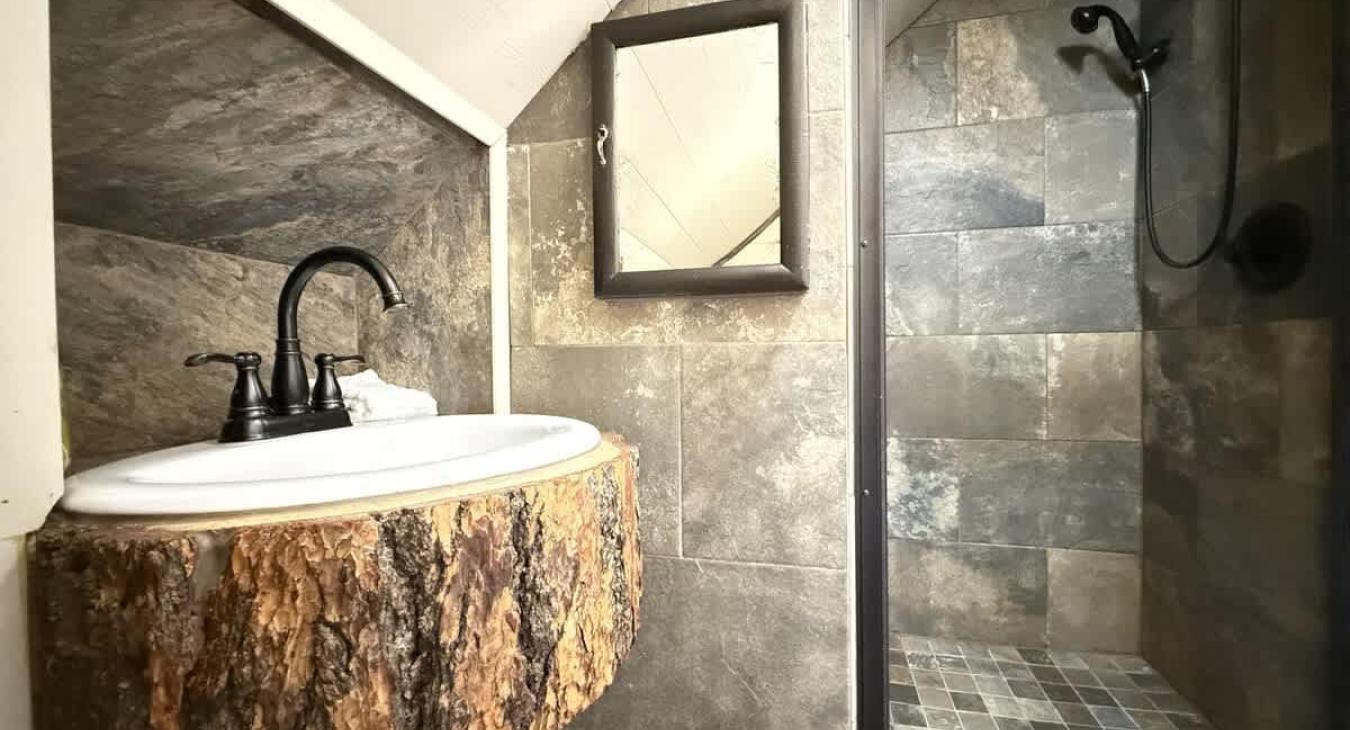 The ensuite bathroom is equipped with sink, standing shower, and toilet.