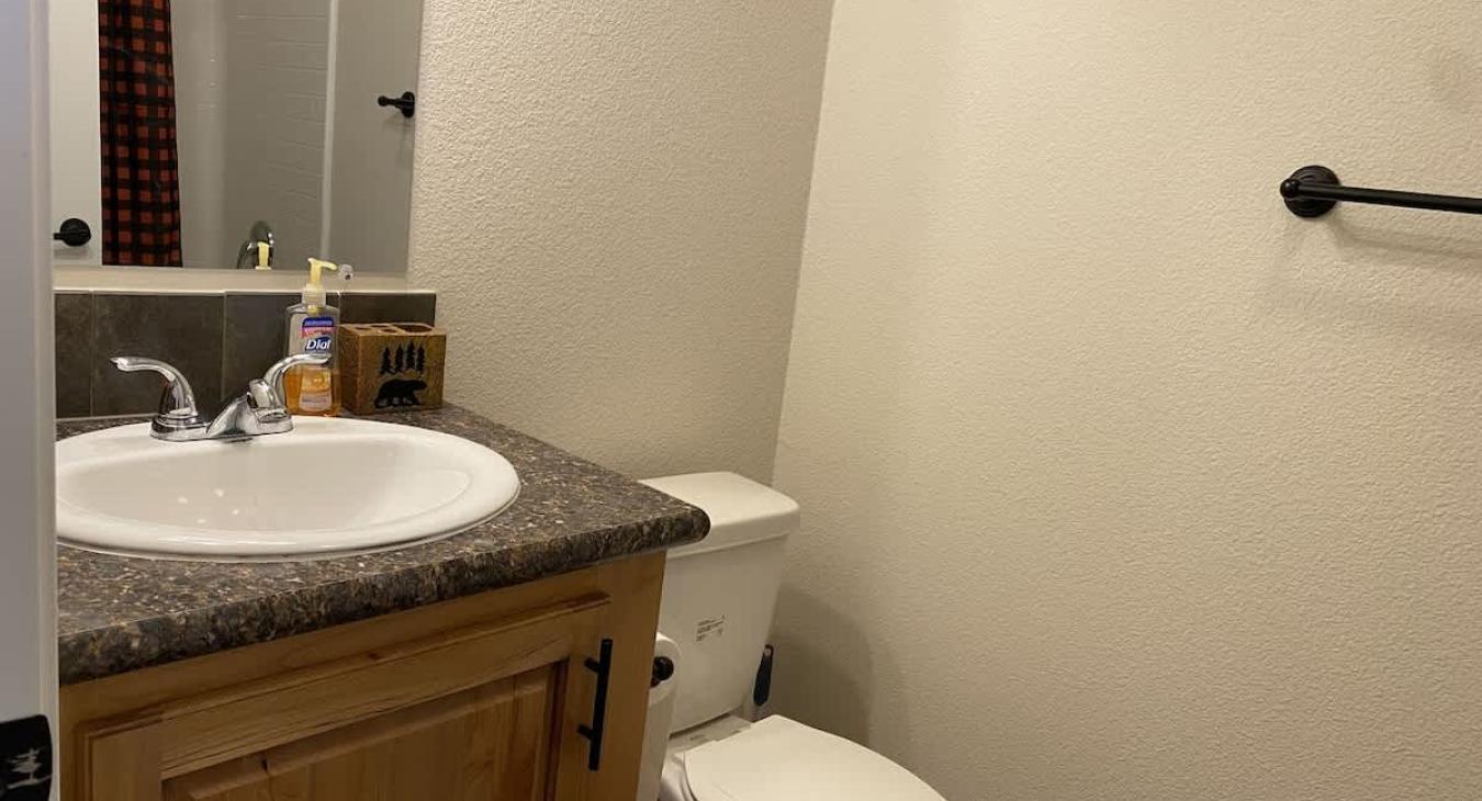 Bathroom #1 with shower tub combo, toilet, and sink vanity.