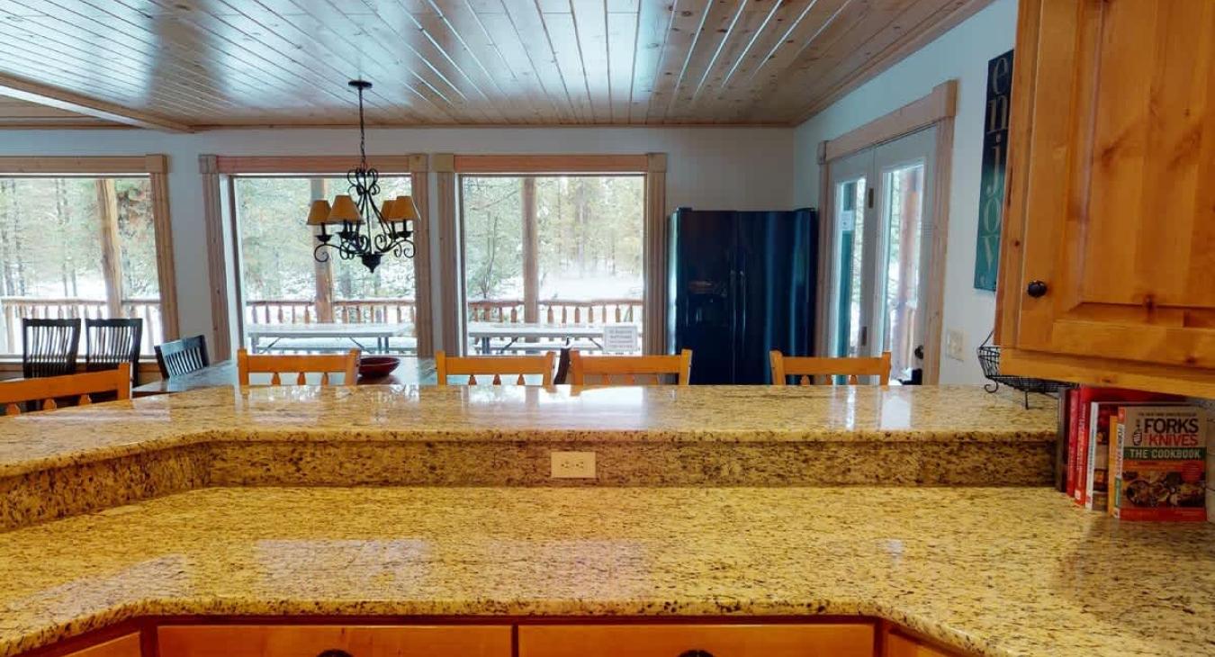 Seating is available at the kitchen island.