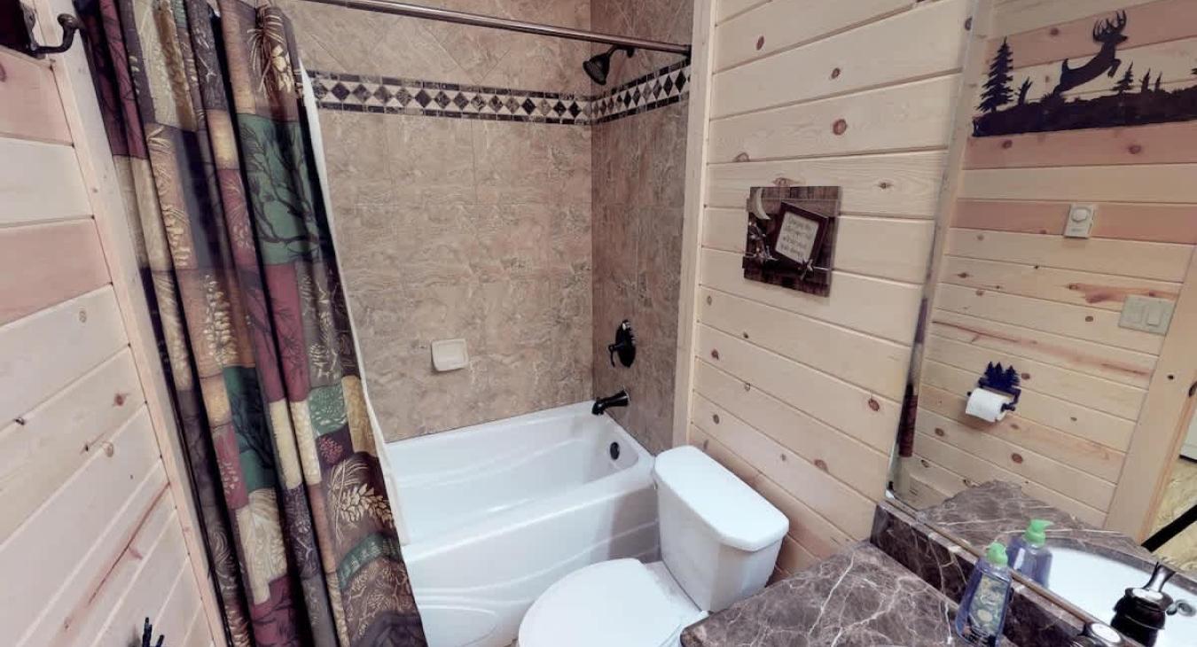 Shared downstairs bathroom on  the main floor with shower/tub combo, toilet, and sink vanity.