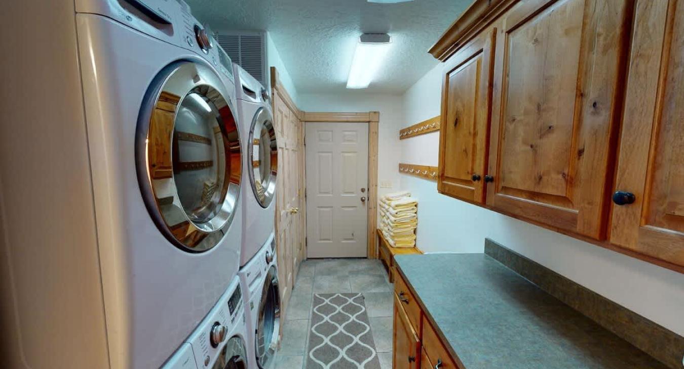 2 sets of full size washer and dryers available for your use. Laundry soap is provided.