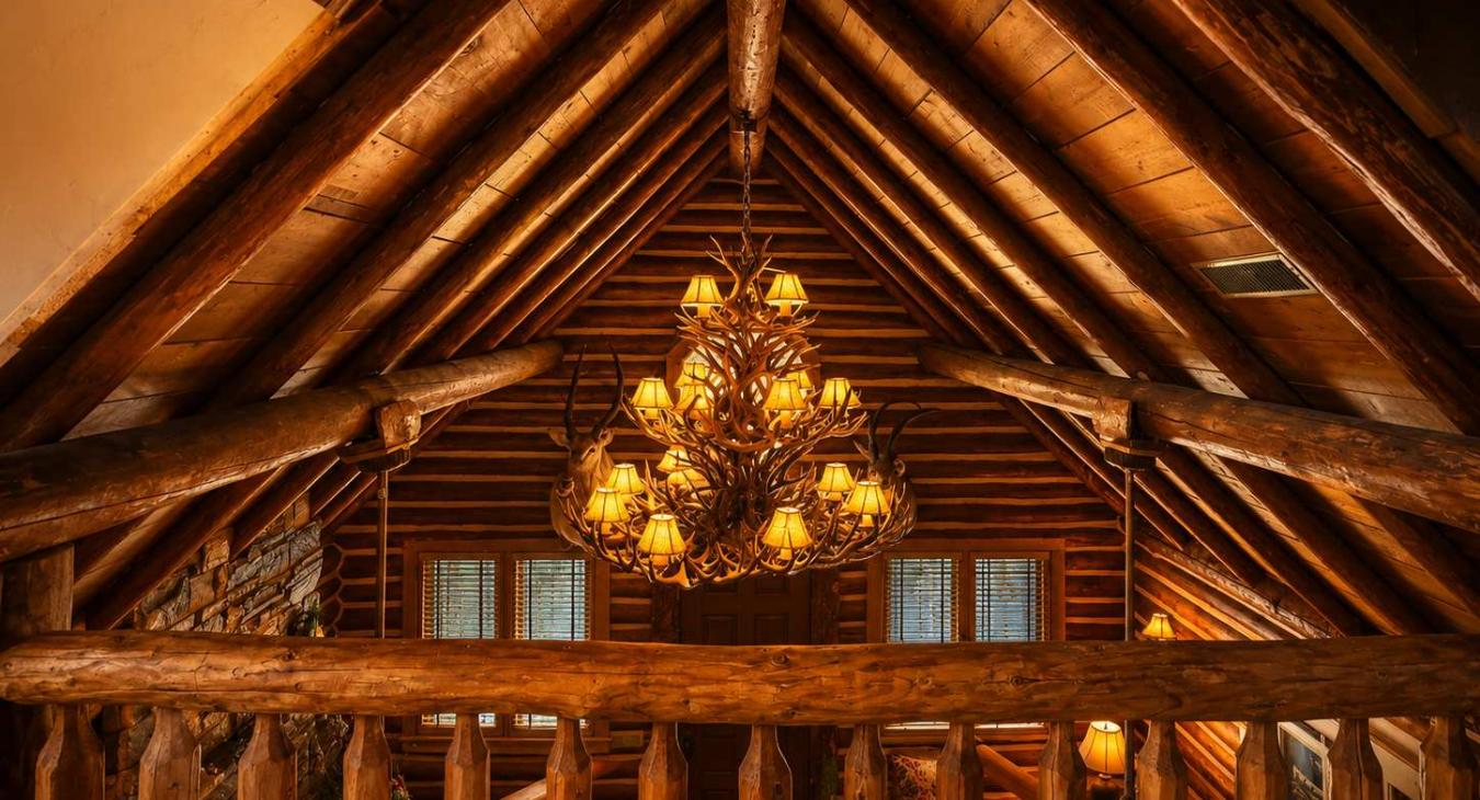 Look up to admire the incredible log craftsmanship and the grand antler-style chandelier, casting a warm, golden glow across the soaring vaulted ceilings.
