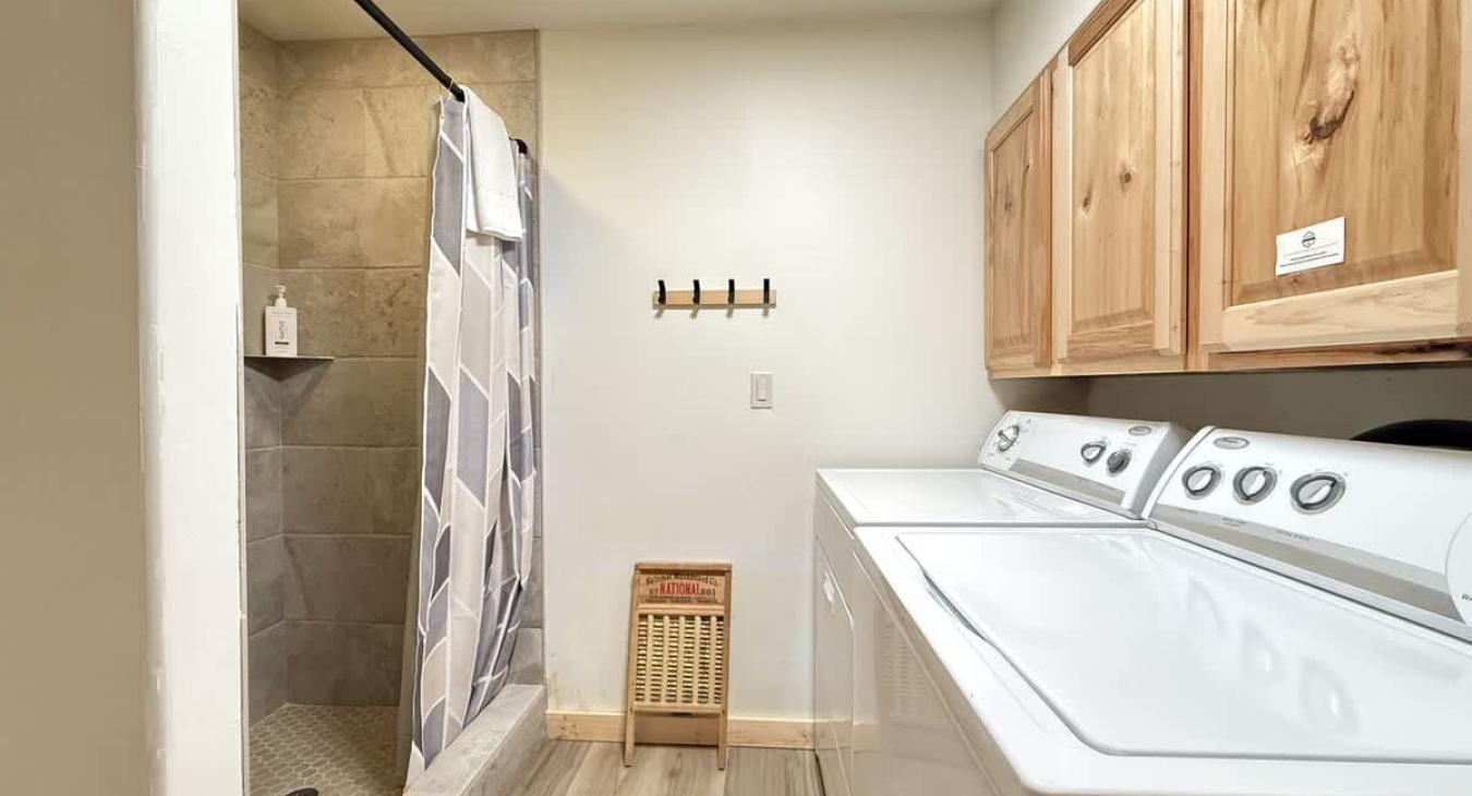Lower level bathroom with shower, toilet, and sink vanity. Also includes full size washer and dryer for your use, laundry soap is provided.
